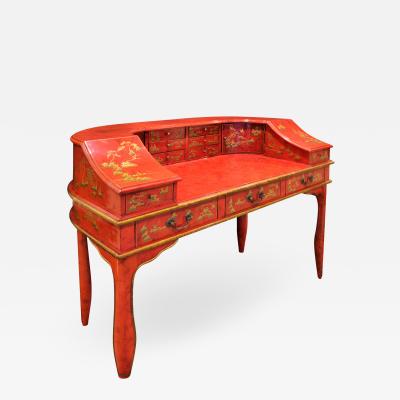 Highly Decorated Chinese Desk in Red Lacquer 1950s