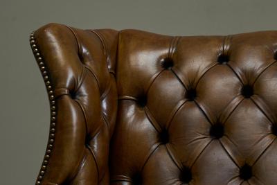 Highly Original Tufted English Wingback Settee in Patinated Leather 1900
