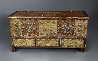 Highly decorative 19thc Zanzibar traders chest with brass decoration