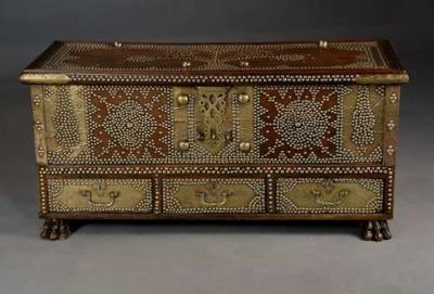 Highly decorative 19thc Zanzibar traders chest with brass decoration