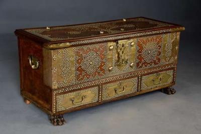 Highly decorative 19thc Zanzibar traders chest with brass decoration