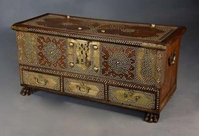 Highly decorative 19thc Zanzibar traders chest with brass decoration