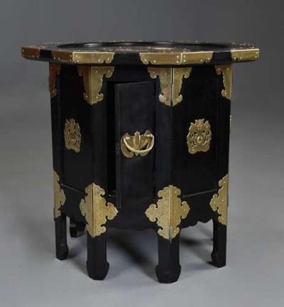 Highly decorative Oriental ebonised brass octagonal table