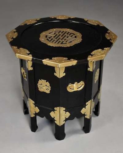 Highly decorative Oriental ebonised brass octagonal table