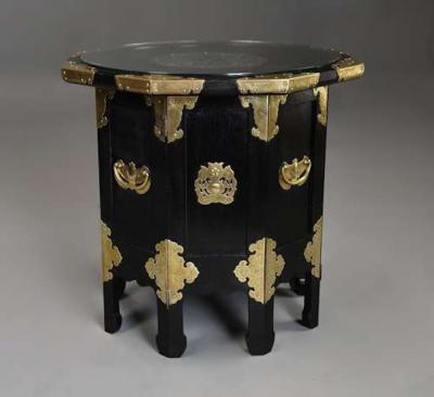 Highly decorative Oriental ebonised brass octagonal table