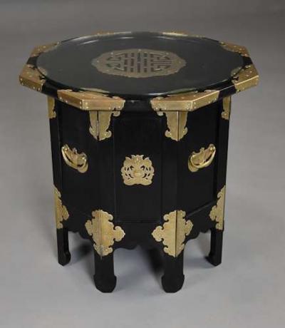 Highly decorative Oriental ebonised brass octagonal table