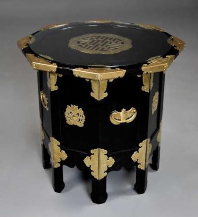 Highly decorative Oriental ebonised brass octagonal table