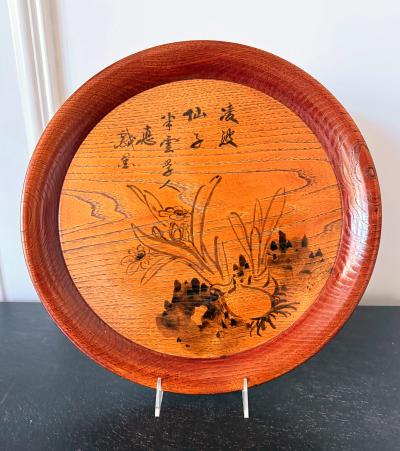 Hirao Chikuka Set of Six Large Lacquered Wood Trays with Ink Paintings by Hirao Chikuka