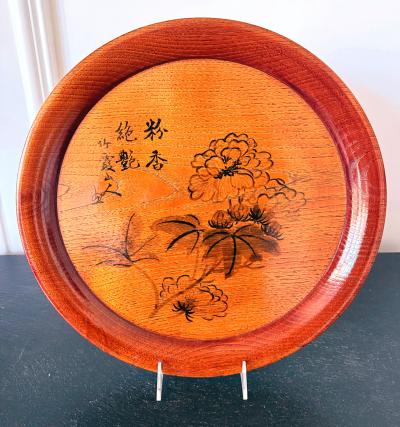 Hirao Chikuka Set of Six Large Lacquered Wood Trays with Ink Paintings by Hirao Chikuka