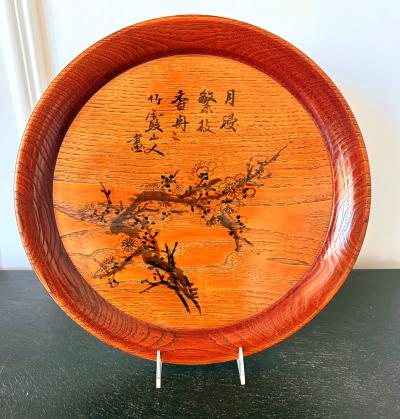 Hirao Chikuka Set of Six Large Lacquered Wood Trays with Ink Paintings by Hirao Chikuka