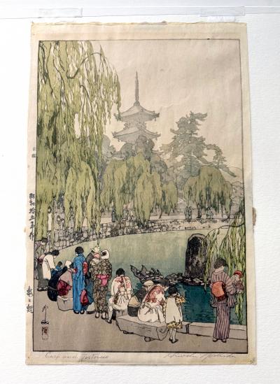 Hiroshi Yoshida Framed Japanese Woodblock Print Carp and Tortoises by Yoshida Hiroshi