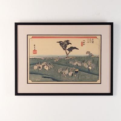 Hiroshige Woodblock Print View of Chiryu with Horses Probably Vintage