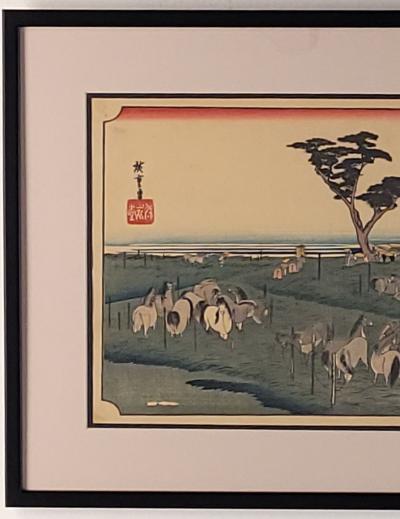 Hiroshige Woodblock Print View of Chiryu with Horses Probably Vintage