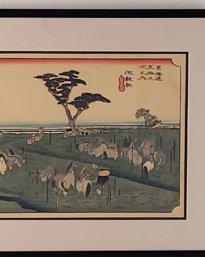 Hiroshige Woodblock Print View of Chiryu with Horses Probably Vintage