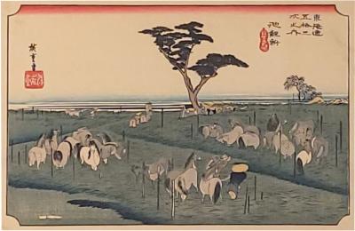Hiroshige Woodblock Print View of Chiryu with Horses Probably Vintage