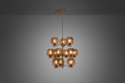 Holger Johansson Holger Johansson Brass Chandelier with 12 Glass Shades for Westal Sweden 1970s