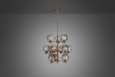 Holger Johansson Holger Johansson Brass Chandelier with 12 Glass Shades for Westal Sweden 1970s