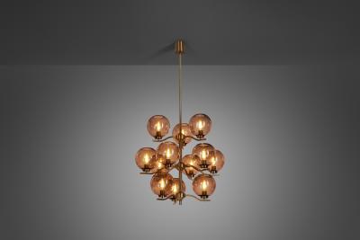 Holger Johansson Holger Johansson Brass Chandelier with 12 Glass Shades for Westal Sweden 1970s
