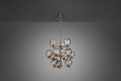 Holger Johansson Holger Johansson Brass Chandelier with 12 Glass Shades for Westal Sweden 1970s