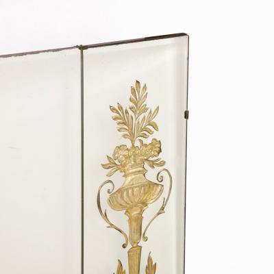 Hollywood Regency 3 Paneled Mirror w Neoclassical Kantharos Floral Motifs