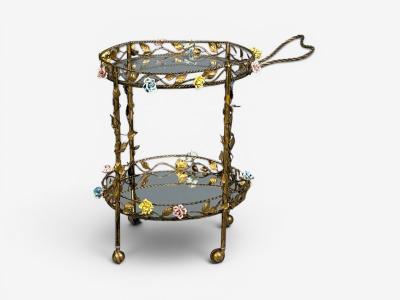 Hollywood Regency Bar Car Gilt Metal Porcelain USA 20th c 