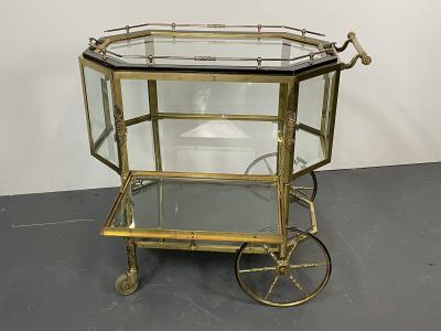 Hollywood Regency Beveled Glass Bronze and Brass Tea Wagon or Serving Cart
