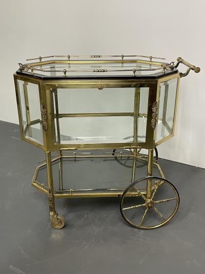 Hollywood Regency Beveled Glass Bronze and Brass Tea Wagon or Serving Cart