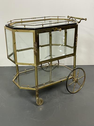 Hollywood Regency Beveled Glass Bronze and Brass Tea Wagon or Serving Cart