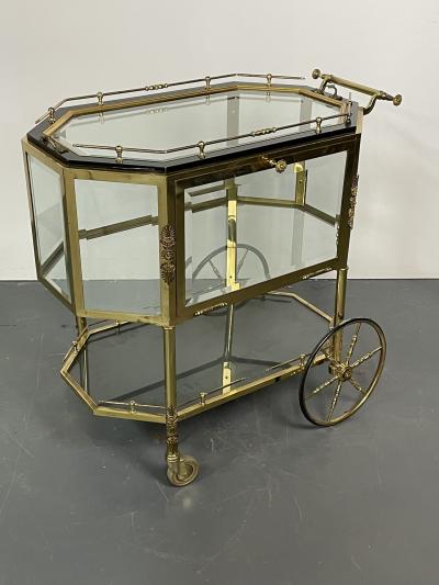 Hollywood Regency Beveled Glass Bronze and Brass Tea Wagon or Serving Cart