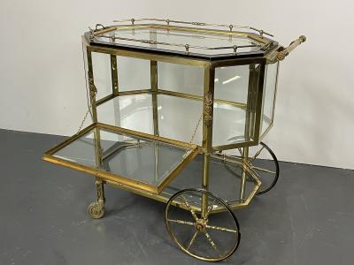 Hollywood Regency Beveled Glass Bronze and Brass Tea Wagon or Serving Cart
