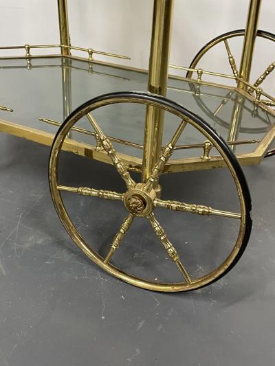Hollywood Regency Beveled Glass Bronze and Brass Tea Wagon or Serving Cart