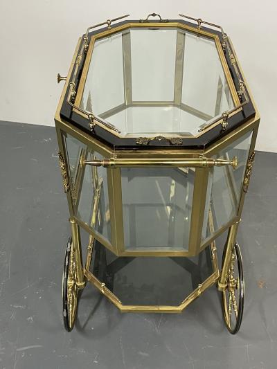Hollywood Regency Beveled Glass Bronze and Brass Tea Wagon or Serving Cart