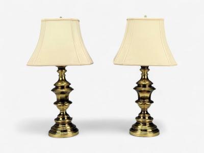 Hollywood Regency Brass Fabric Table Lamps USA 1970s