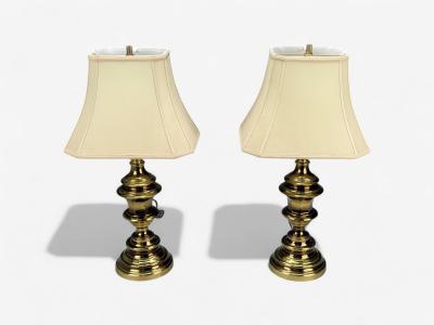 Hollywood Regency Brass Fabric Table Lamps USA 1970s