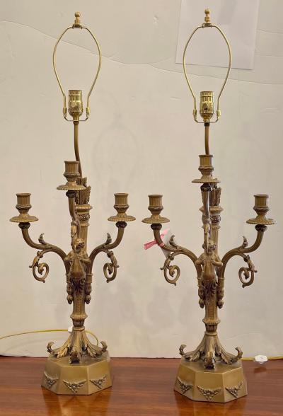 Hollywood Regency Candelabra Lamps W Trumpet Playing Putti Paris Foundry
