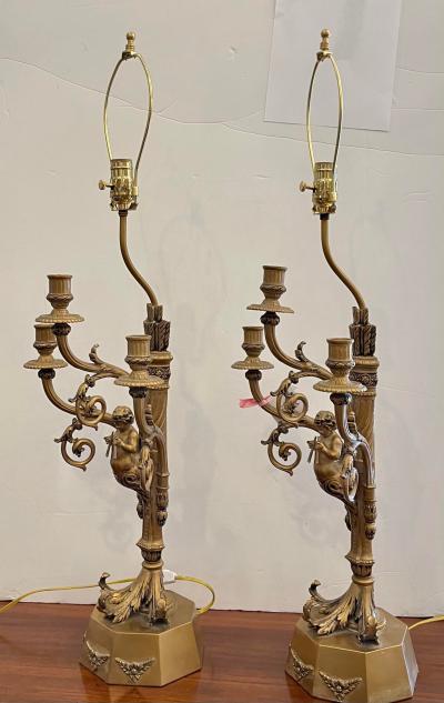 Hollywood Regency Candelabra Lamps W Trumpet Playing Putti Paris Foundry