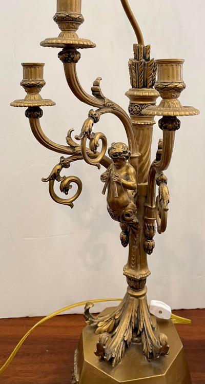 Hollywood Regency Candelabra Lamps W Trumpet Playing Putti Paris Foundry