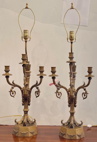 Hollywood Regency Candelabra Lamps W Trumpet Playing Putti Paris Foundry