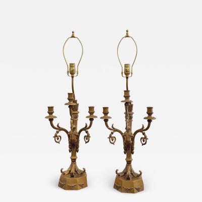Hollywood Regency Candelabra Lamps W Trumpet Playing Putti Paris Foundry