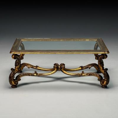 Hollywood Regency Coffee Table Gilt Wood Gold Leaf Glass Italy 1960s