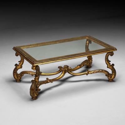Hollywood Regency Coffee Table Gilt Wood Gold Leaf Glass Italy 1960s