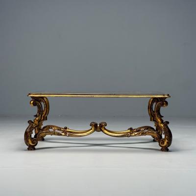 Hollywood Regency Coffee Table Gilt Wood Gold Leaf Glass Italy 1960s