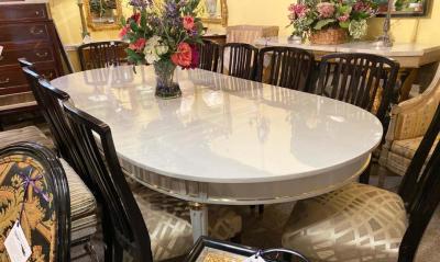 Hollywood Regency Dining Table in Gray Lacquered Bronze Mounted Finish