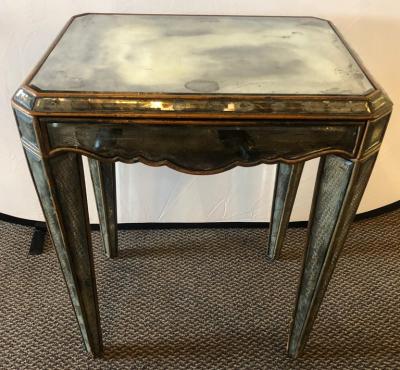 Hollywood Regency Distressed Beveled Mirror Single Draw End Side Table or Desk