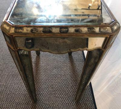 Hollywood Regency Distressed Beveled Mirror Single Draw End Side Table or Desk