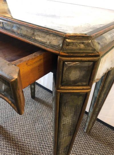 Hollywood Regency Distressed Beveled Mirror Single Draw End Side Table or Desk