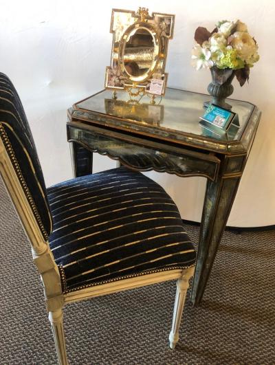 Hollywood Regency Distressed Beveled Mirror Single Draw End Side Table or Desk