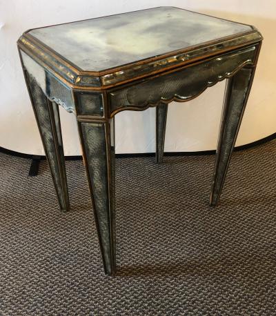 Hollywood Regency Distressed Beveled Mirror Single Draw End Side Table or Desk