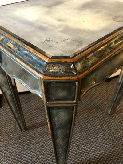 Hollywood Regency Distressed Beveled Mirror Single Draw End Side Table or Desk