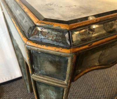 Hollywood Regency Distressed Beveled Mirror Single Draw End Side Table or Desk